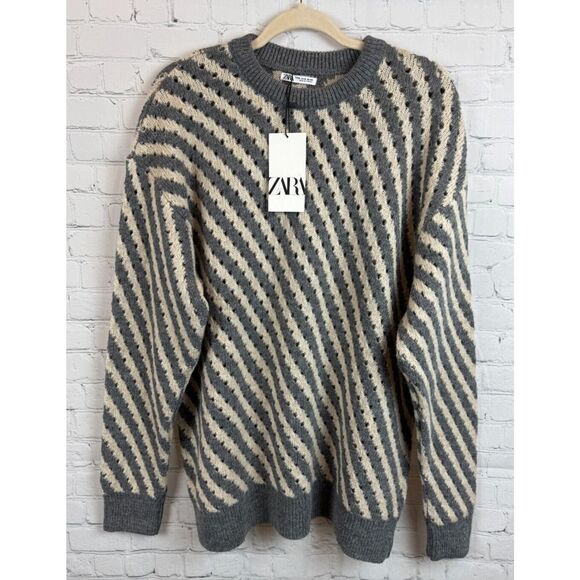 ZARA gray white mens striped round neck sweater pullover size XL NWT - Picture 1 of 8